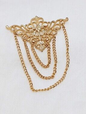 Gold Filigree Multi-Chain Brooch Pin - Women Jewelry